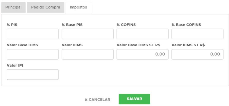 Edição dos impostos na aba Impostos
