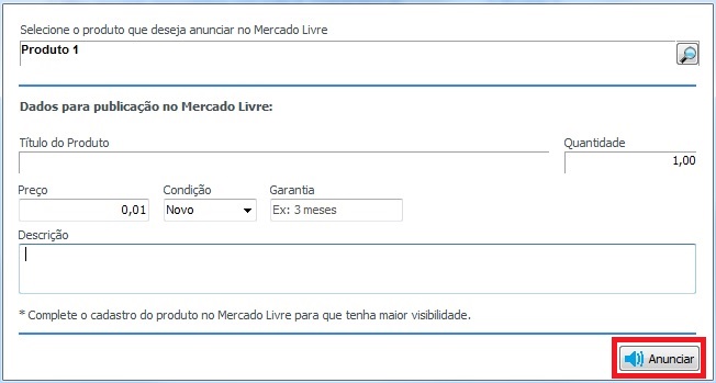 Botão Anunciar o produto no Mercado Livre Botão Anunciar
