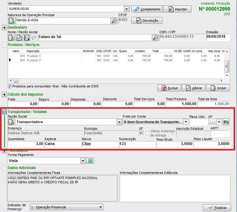 Dados da transportadora e volumes