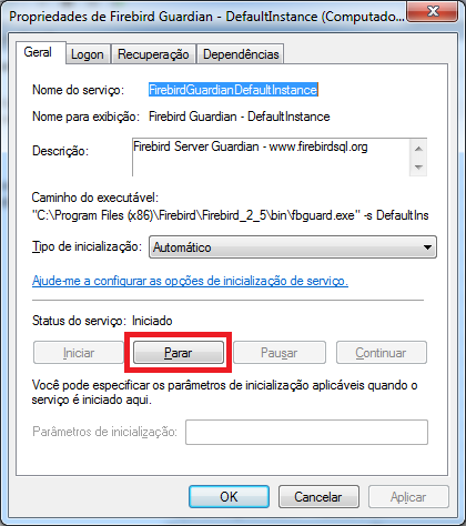 Parar serviço do Firebird