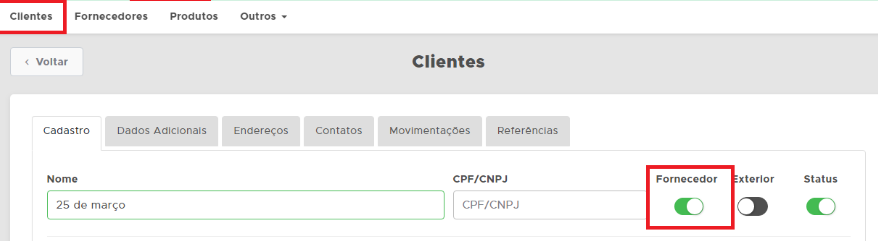 Ativar função Fornecedor