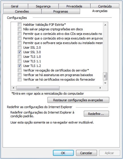 SSL 3.0 e TLS 1.2 marcados