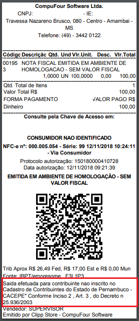 Impressao da NFC-e com CACEPE