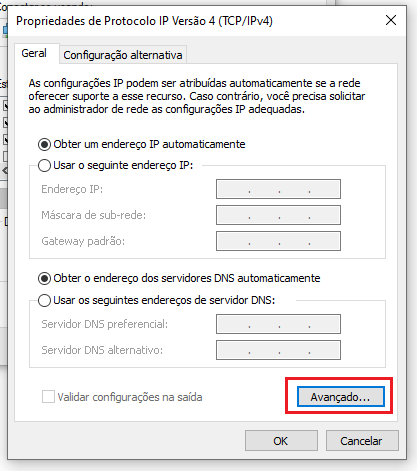 Botão Avançado nas propriedades do IPv4
