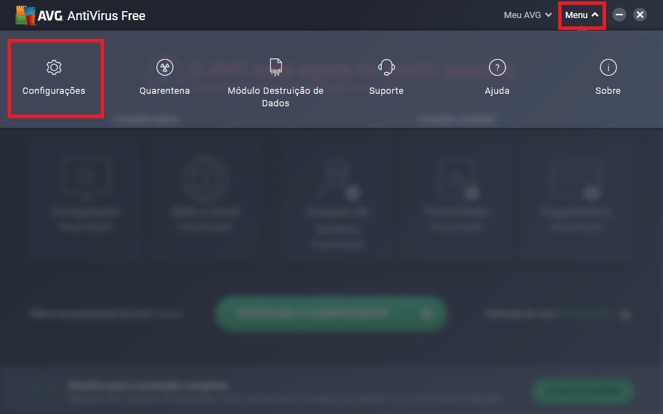 Menu Configurações do AVG