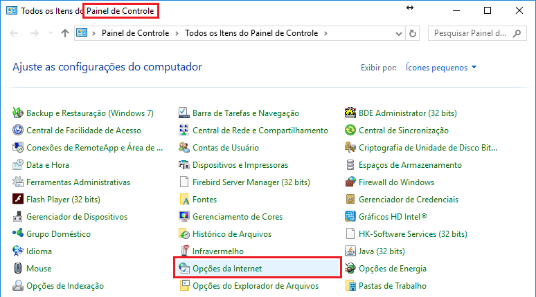 Opções da Internet no Painel de Controle
