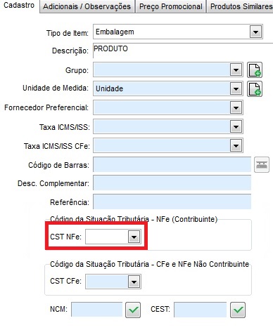 Cadastro do produto com o campo CST NFe preenchido Cadastro do produto CST NFe