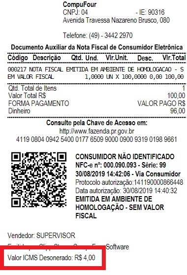 Valor do ICMS Desonerado na NFC-e