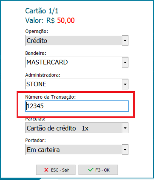 Numero da transacao do cartao