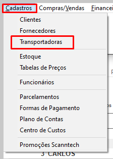 Menu Cadastros, Transportadoras