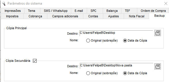 Tela de configuração do backup