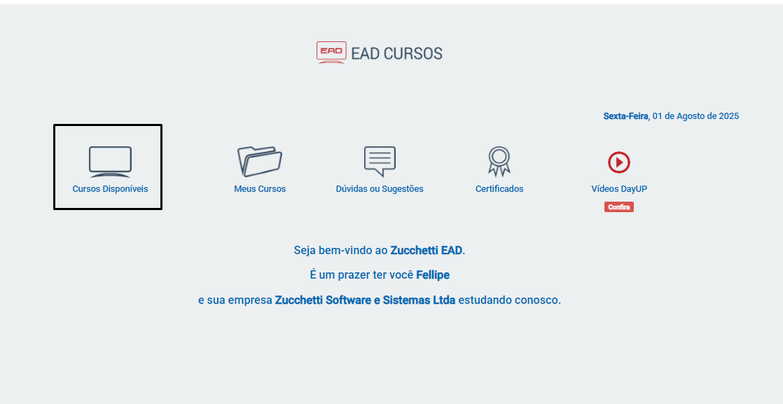 Menu Cursos disponíveis