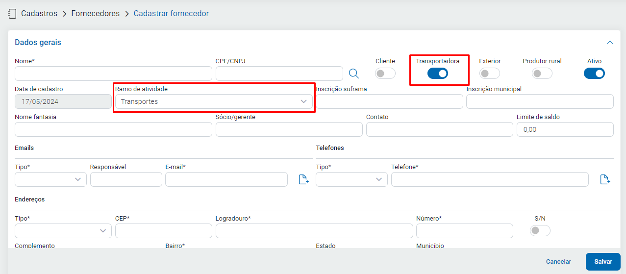 Cadastro de transportadora no ZetaWeb