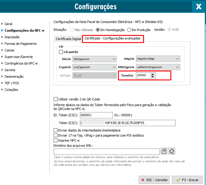Ajuste do Timeout para 20000