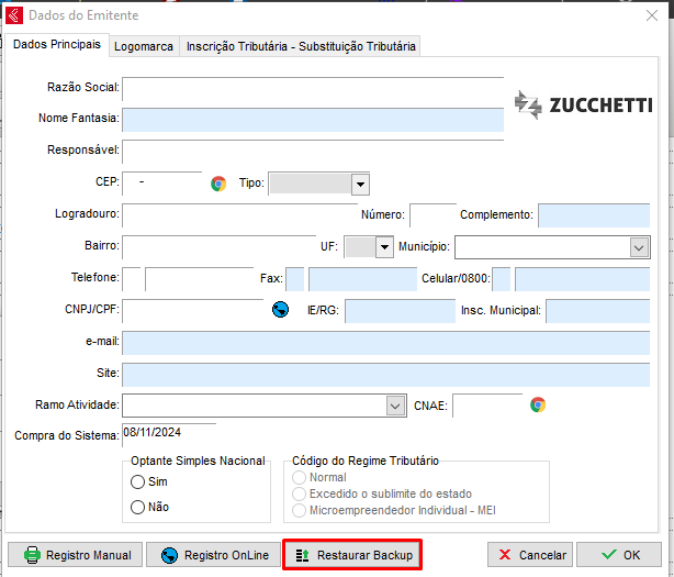 Opção Restaurar Backup