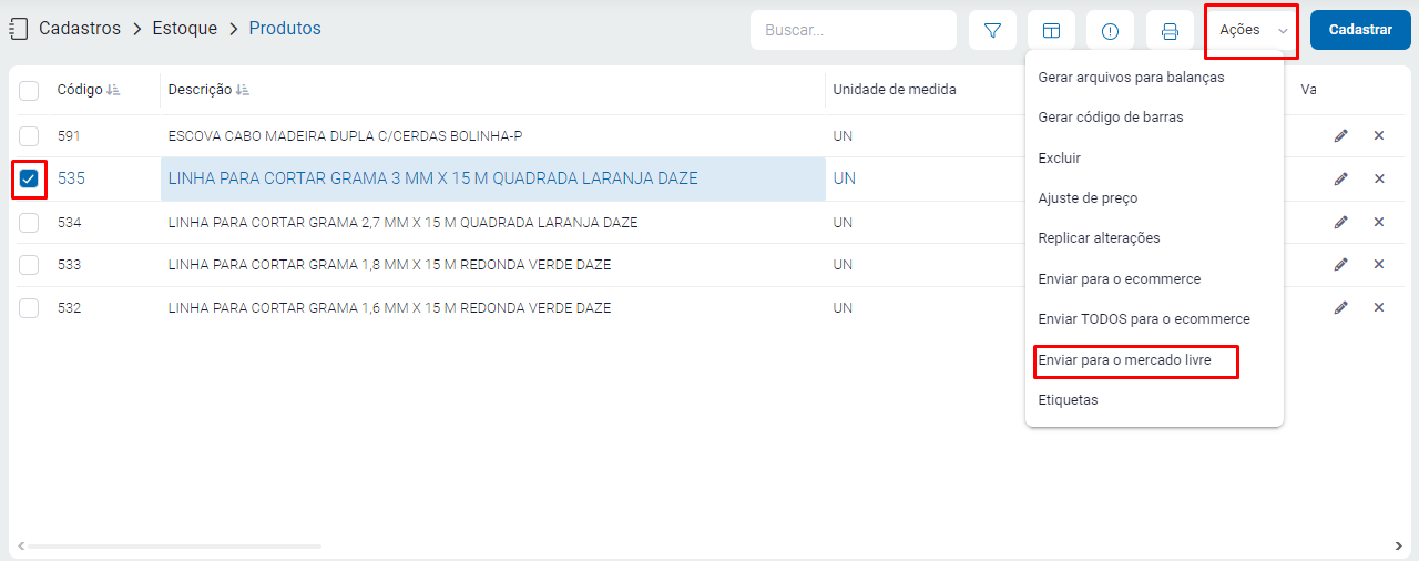 Ação Enviar para o Mercado Livre no Estoque