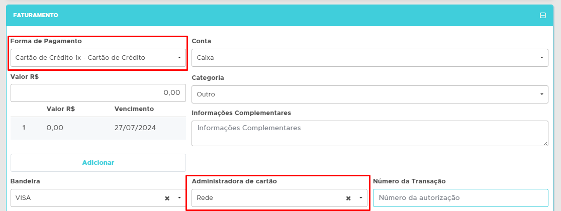 Seleção da Administradora de Cartão Rede na venda Administradora de Cartão Rede