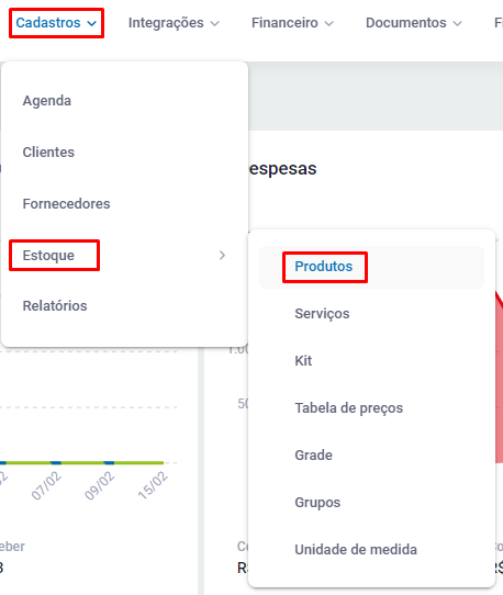 Menu Cadastros - Estoque - Produtos no Zweb Menu Cadastros Estoque Produtos
