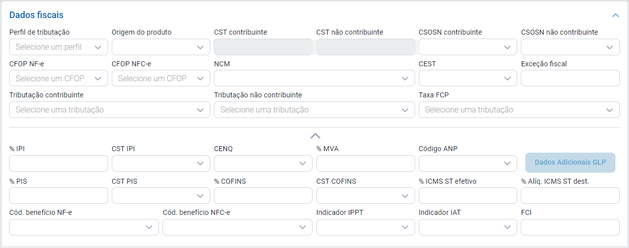 Campos do produto no estoque