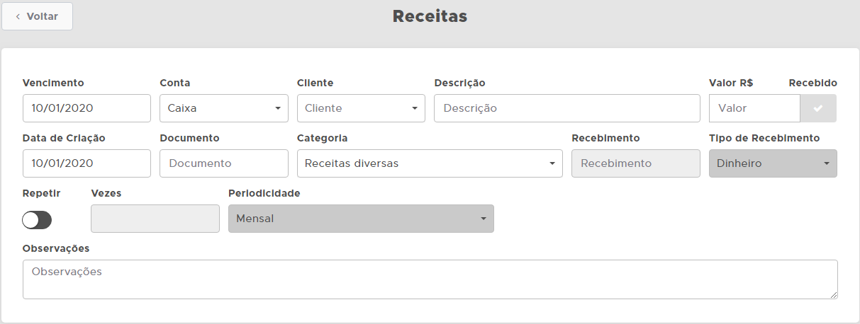 Tela de lançamento de receita