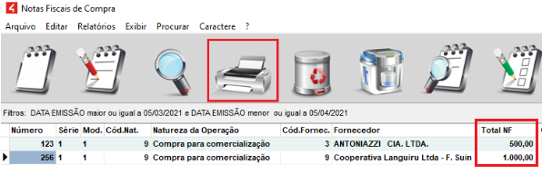 Nota fiscal de compra gerada no exemplo