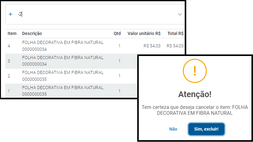 Cancelar item específico digitando hífen e a posição Cancelar item por posição