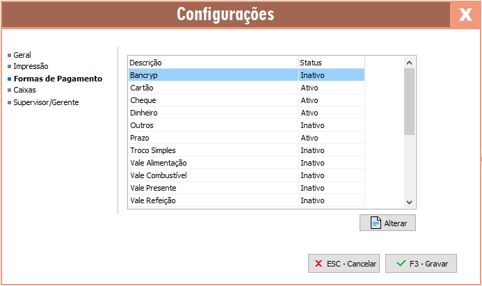 Aba Formas de Pagamento