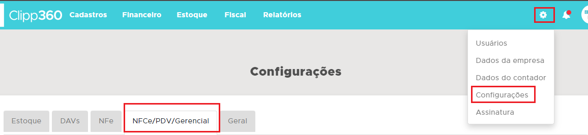 Configurações NFCe/PDV/Gerencial