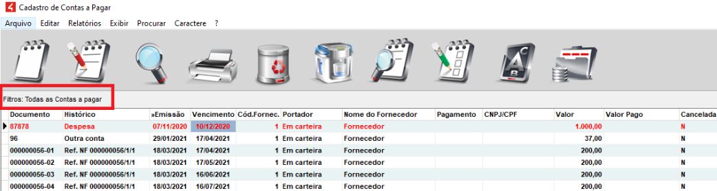 Filtro das contas a pagar a partir de março