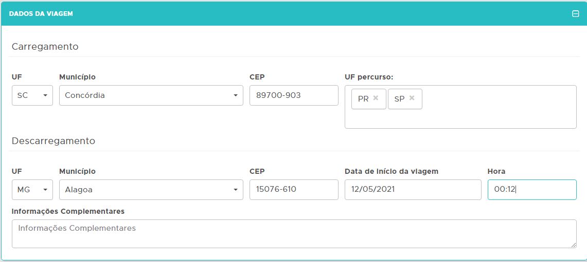 Dados da Viagem e percurso
