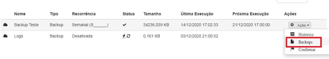 Menu Ações - Backups