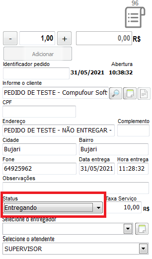 Informando a entrega do pedido na lateral do Cheff Entrega do pedido