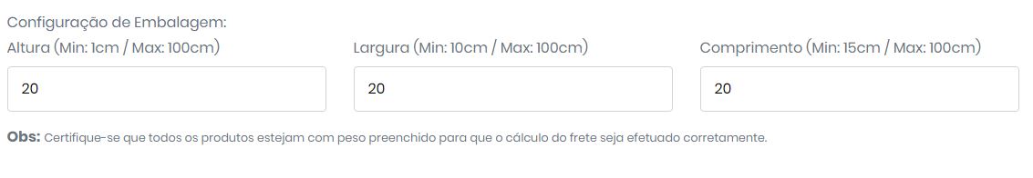 Medidas da embalagem