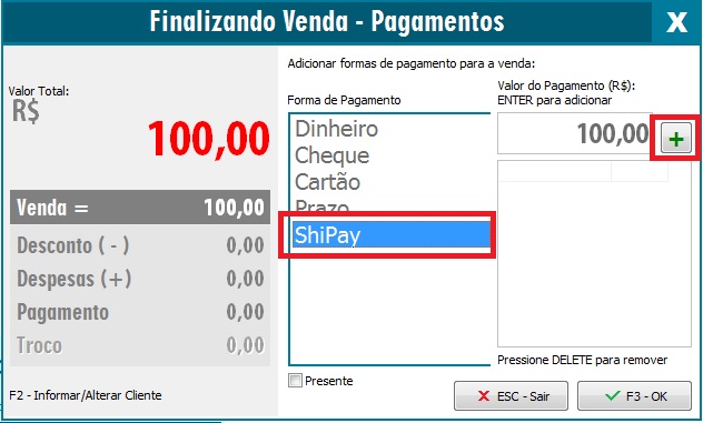 Seleção da forma de pagamento Shipay na venda Forma de pagamento Shipay