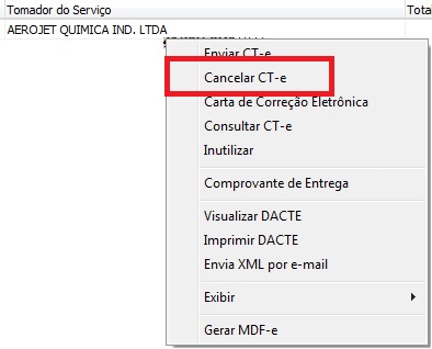 Opção Cancelar CT-e pelo botão direito