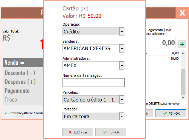 Tela para finalizar a transação no cartão Finalização no cartão