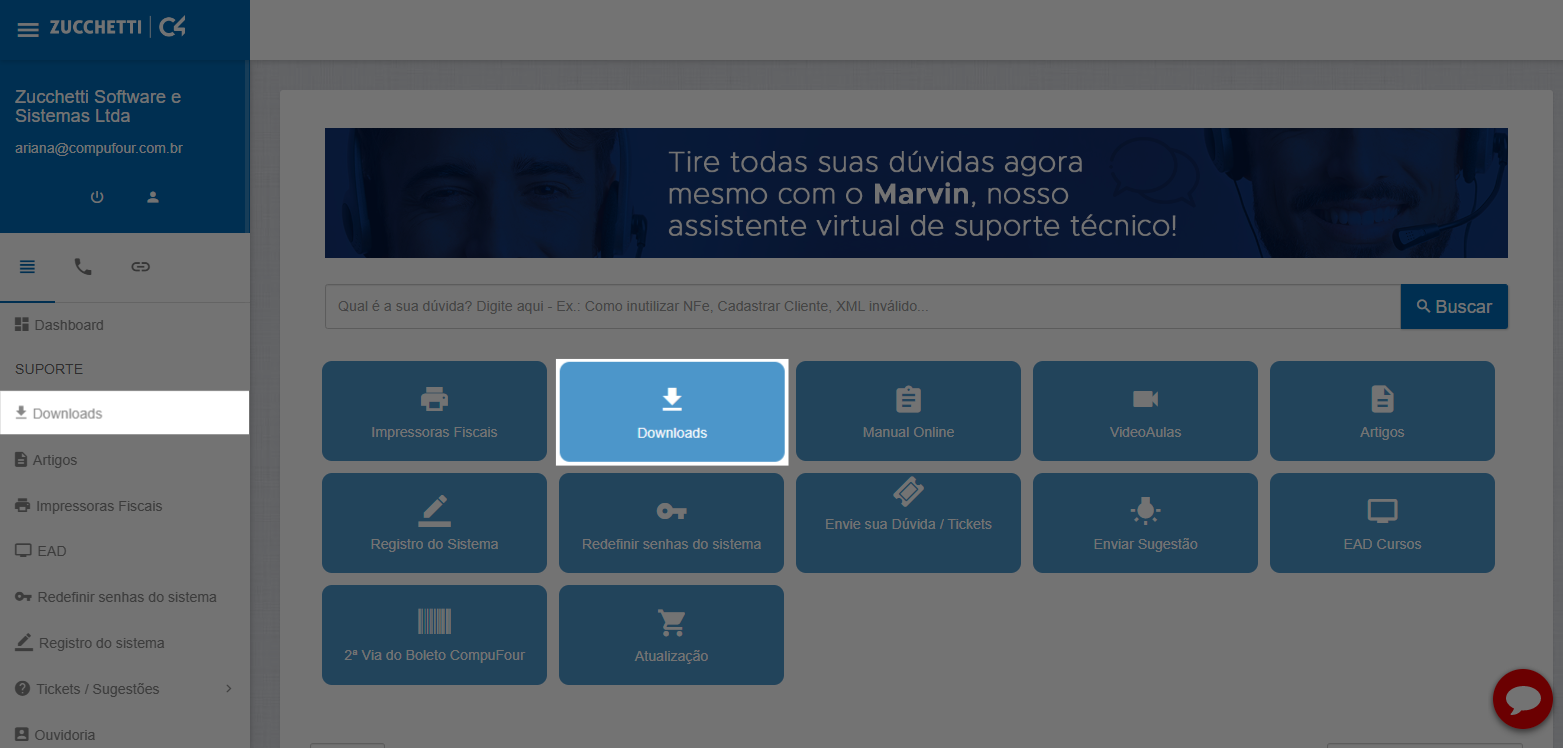 Opção Downloads no painel