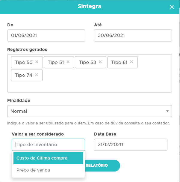 Parâmetros do Sintegra