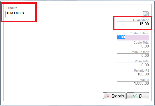 Item em KG com quantidade 15