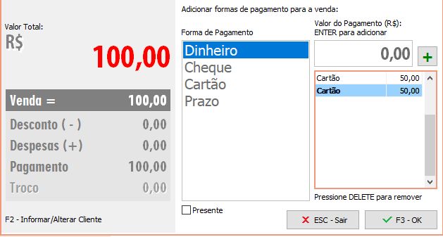 Saída dividida em mais de um cartão Saída com vários cartões