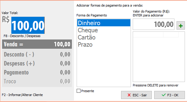 Seleção da forma de pagamento na finalização da saída Seleção da forma de pagamento