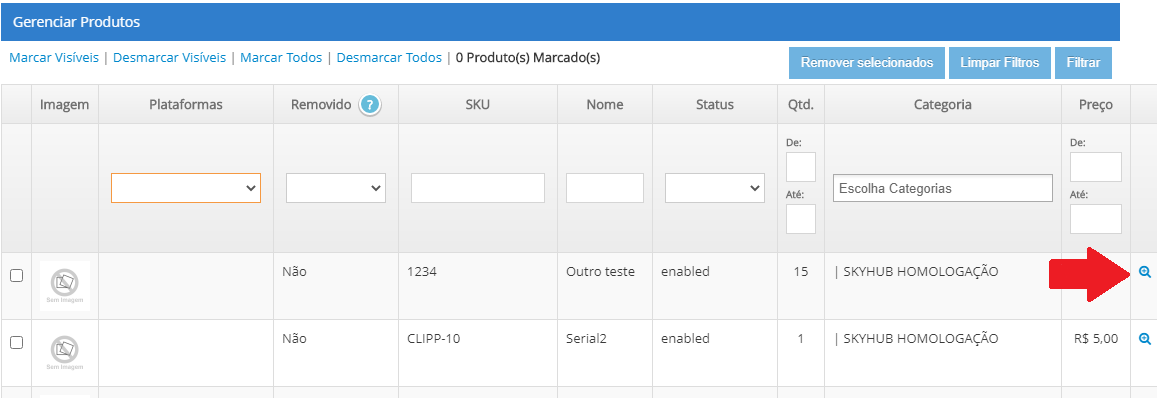 Informações do produto no painel da SkyHub Informações do produto na SkyHub