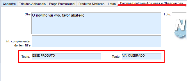 Campos adicionais no cadastro do estoque