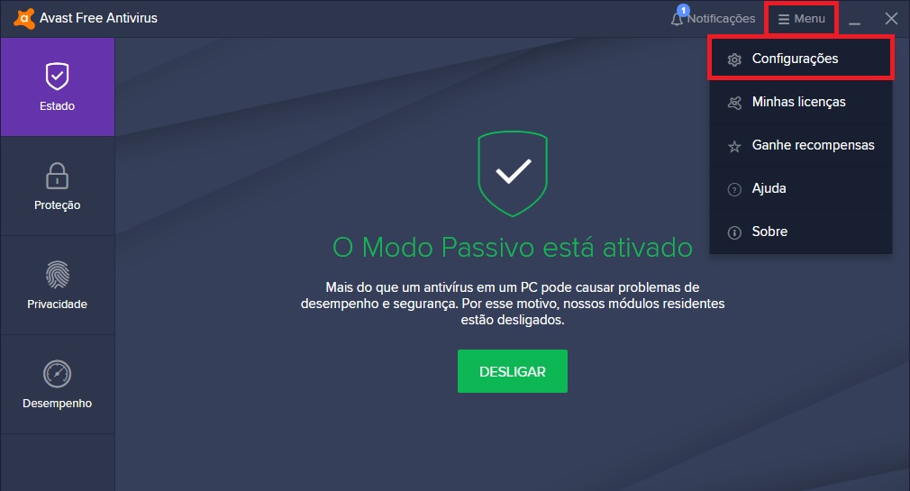 Menu Configurações do Avast