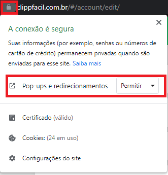 Permitir pop-ups na página para baixar o instalador Permitir pop-ups no navegador