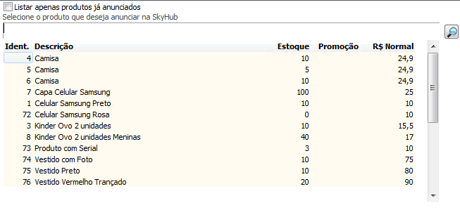 Tela de produtos do estoque para envio ao SkyHub Lista de produtos para o SkyHub