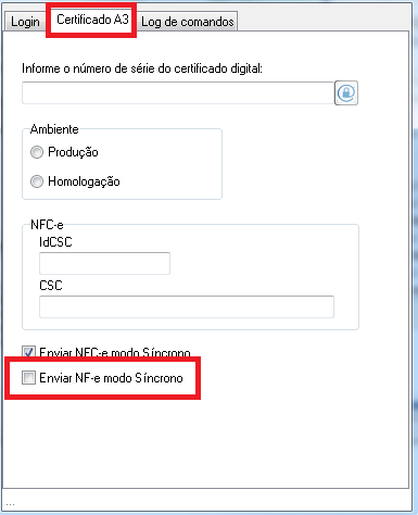 Opção Enviar NF-e modo síncrono desmarcada Desmarcar Enviar NF-e modo síncrono