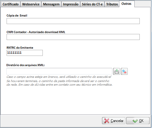 Opções da aba Outras, incluindo RNTRC e diretório do XML