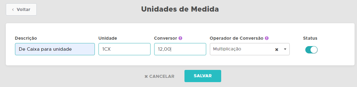 Cadastro de unidade com multiplicação