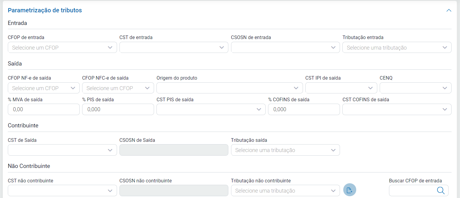 Aba Parametrização de Tributos em Fiscal, Configurações Aba Parametrização de Tributos em Fiscal, Configurações
